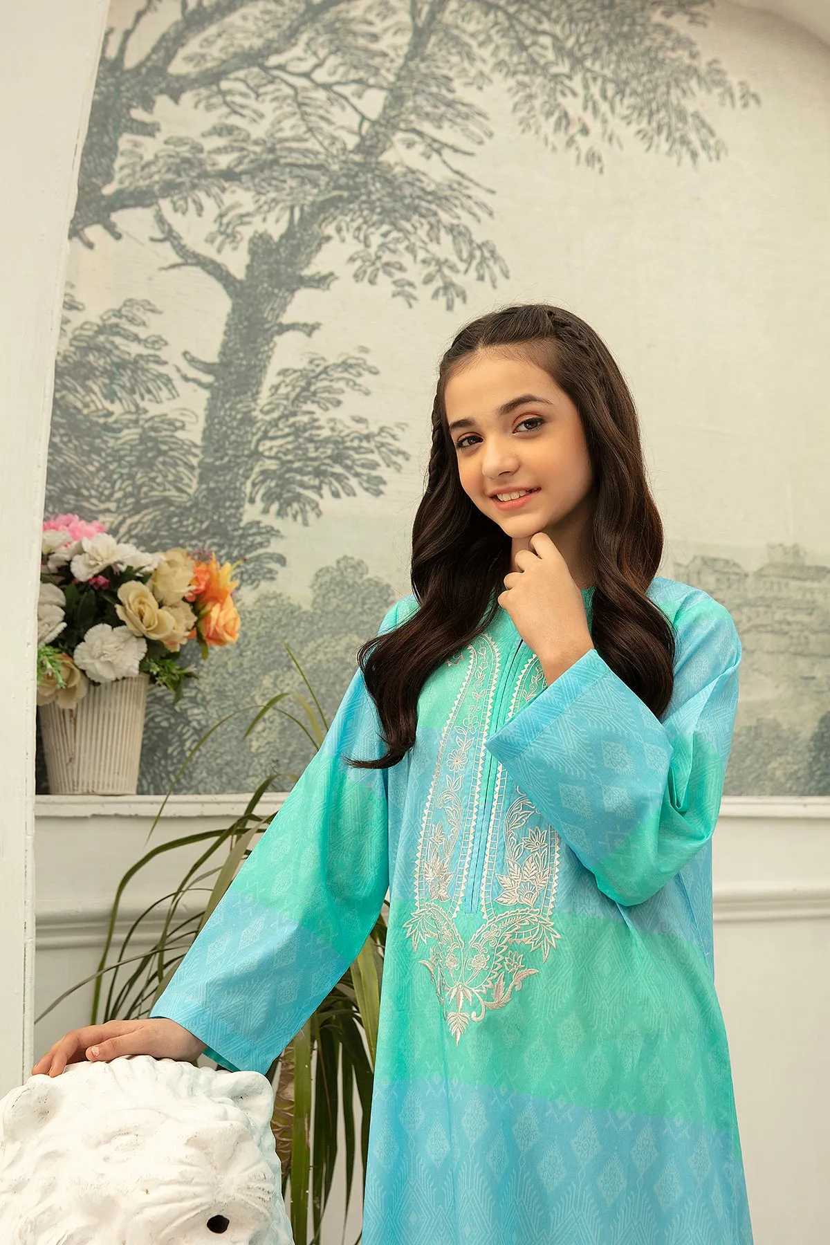DS22-53-Printed Embroidered Loop & Pearl Details Fustaan 1PC