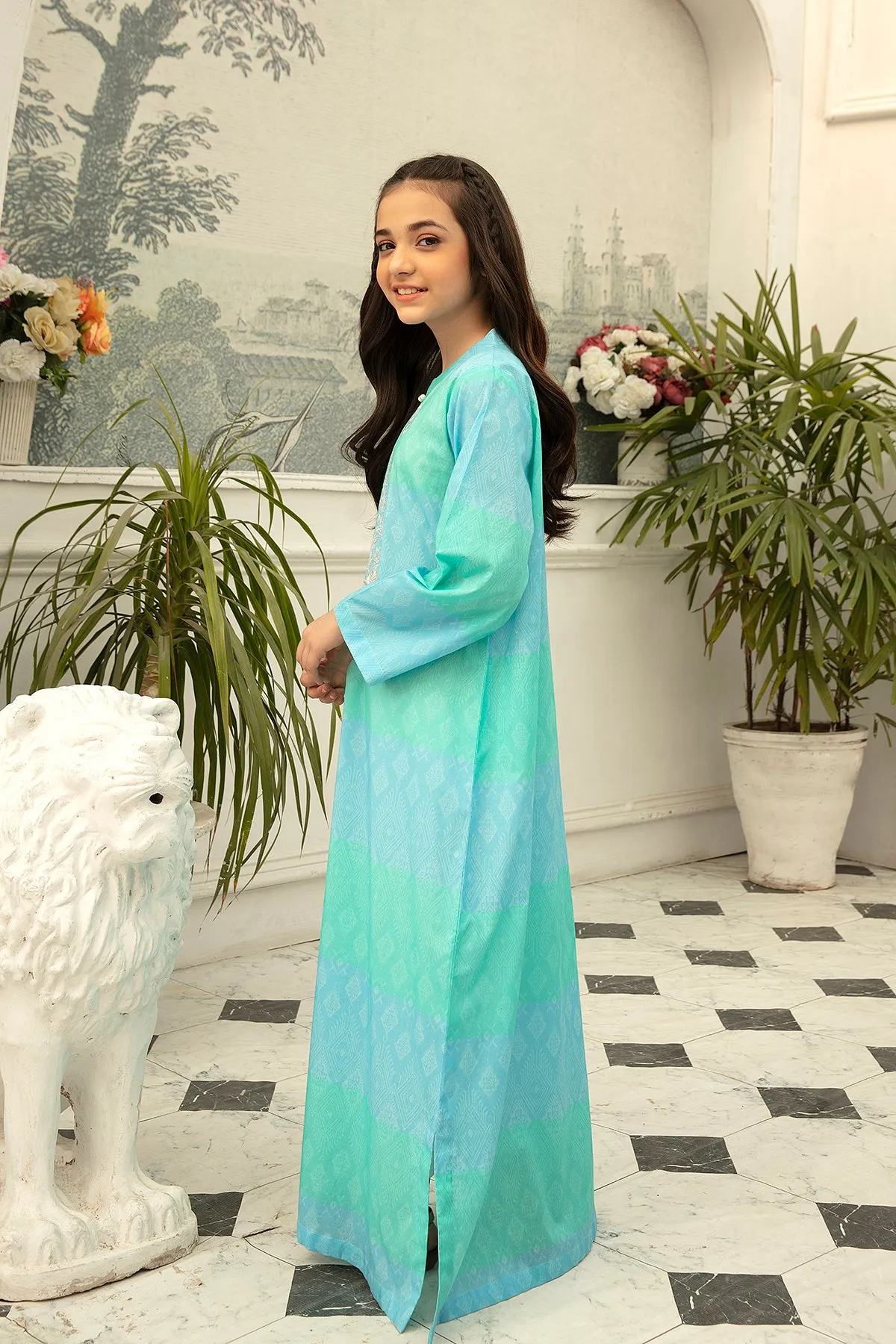 DS22-53-Printed Embroidered Loop & Pearl Details Fustaan 1PC