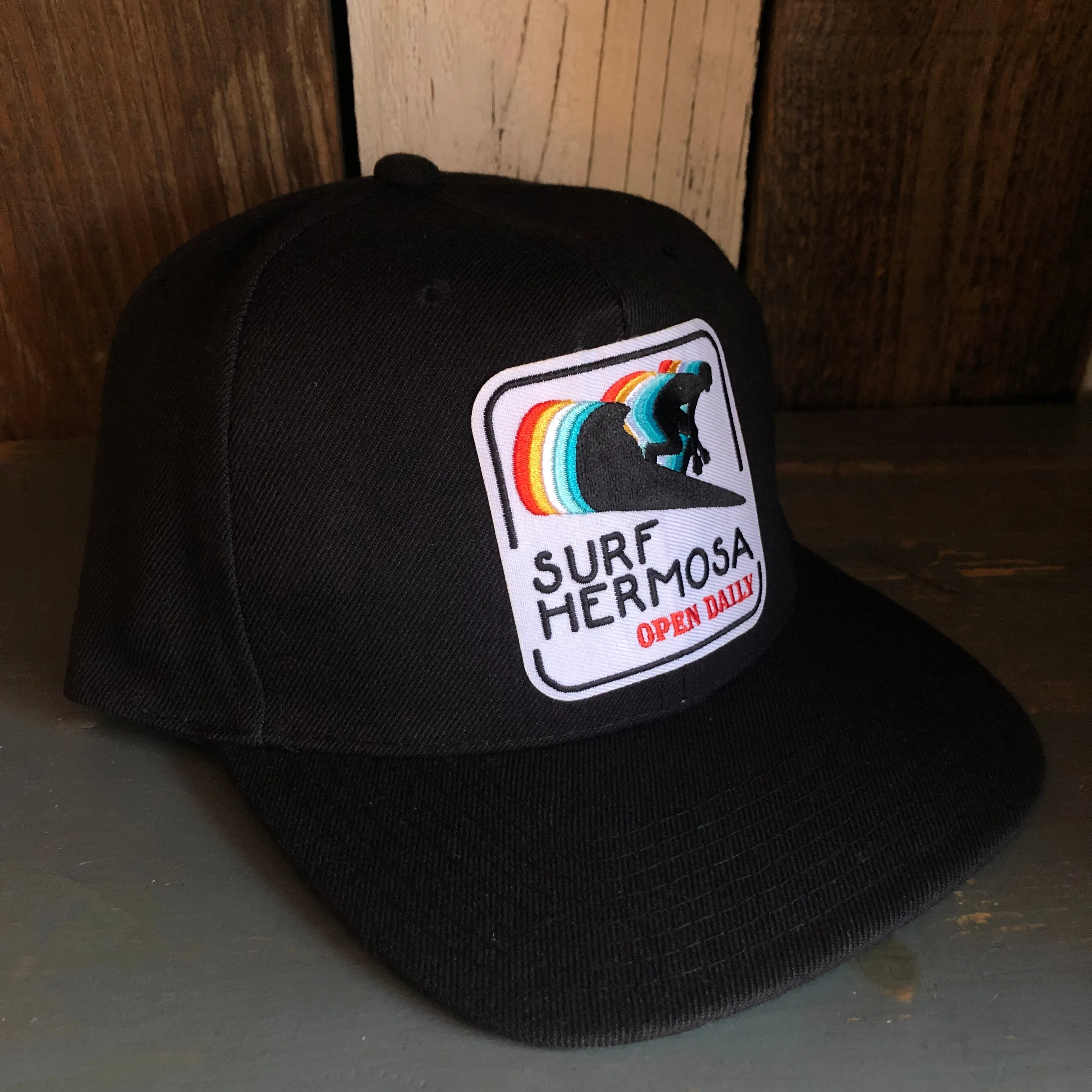 Hermosa Beach SURF HERMOSA :: OPEN DAILY 6 Panel Wool Blend Flat Bill Hat - Black