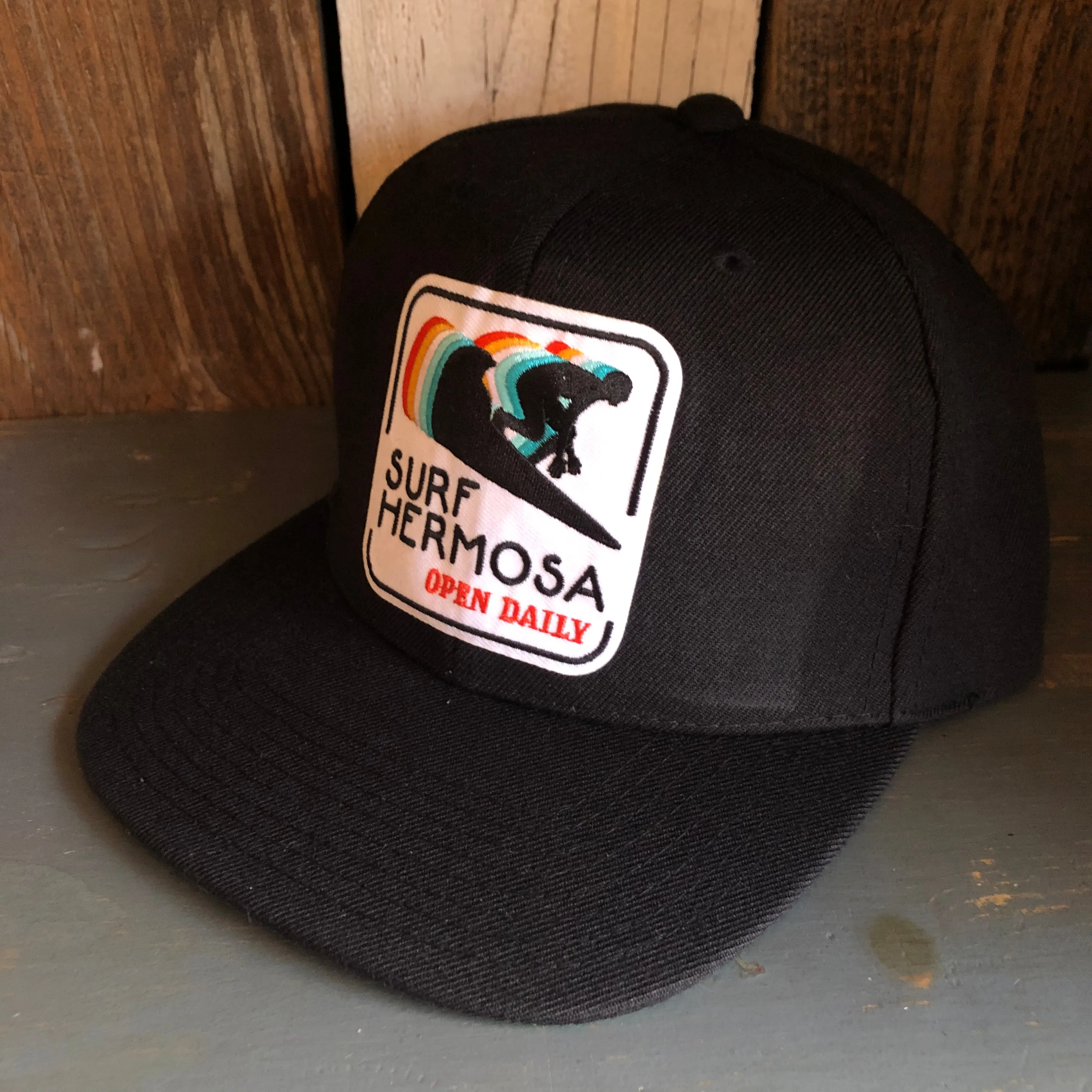 Hermosa Beach SURF HERMOSA :: OPEN DAILY 6 Panel Wool Blend Flat Bill Hat - Black