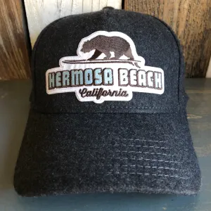 Hermosa Beach SURFING GRIZZLY BEAR 5 Panel Low Profile Melton Wool Blend Baseball Cap with Velcro Closure - Heather Black