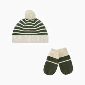 Knitted Striped Beanie & Mittens Set