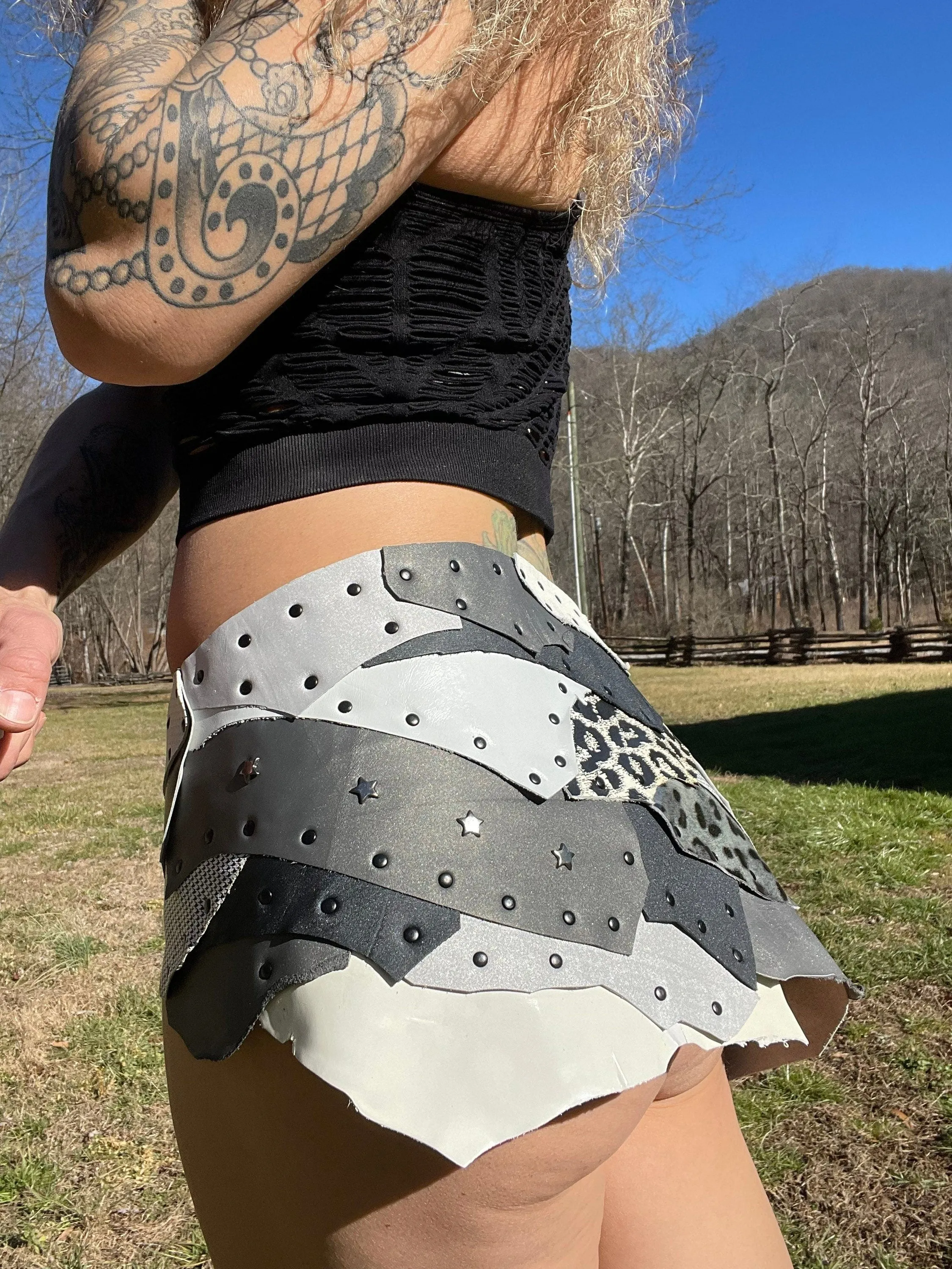 NIGHT STAR, Black White Warrior Skirt, Leather Utility Belt, Burning Man Costume, Fairy Belt, Rave Costume, Viking Belt